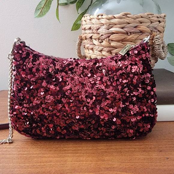 Kate Spade Kiki Deep Berry Burgandy Sequin Convertible Shoulder Bag Purse - Picture 4 of 15